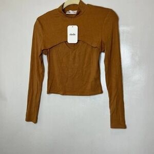 Elodie Womens‎ Brown Mock Neck Ribbed 2 Piece Crop Top Size S